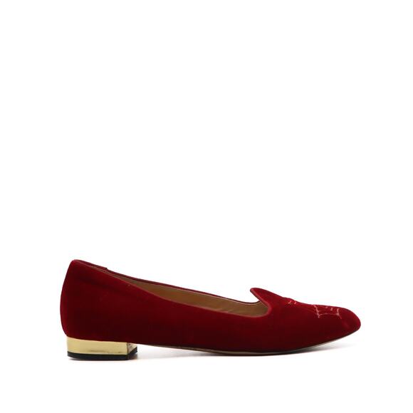 Charlotte Olympia Red Velvet Spider Web Loafer Flats Size 38.5 - Picture 1 of 11